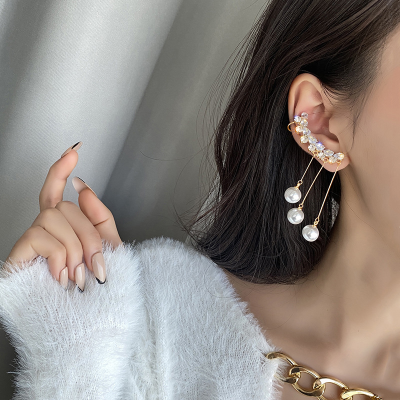 Korean New Style Earrings Fairy 925 Silver Needle Pearl Tassel Ear Clip Earrings Fashionable Temperament Earrings Personalized Earrings for Women