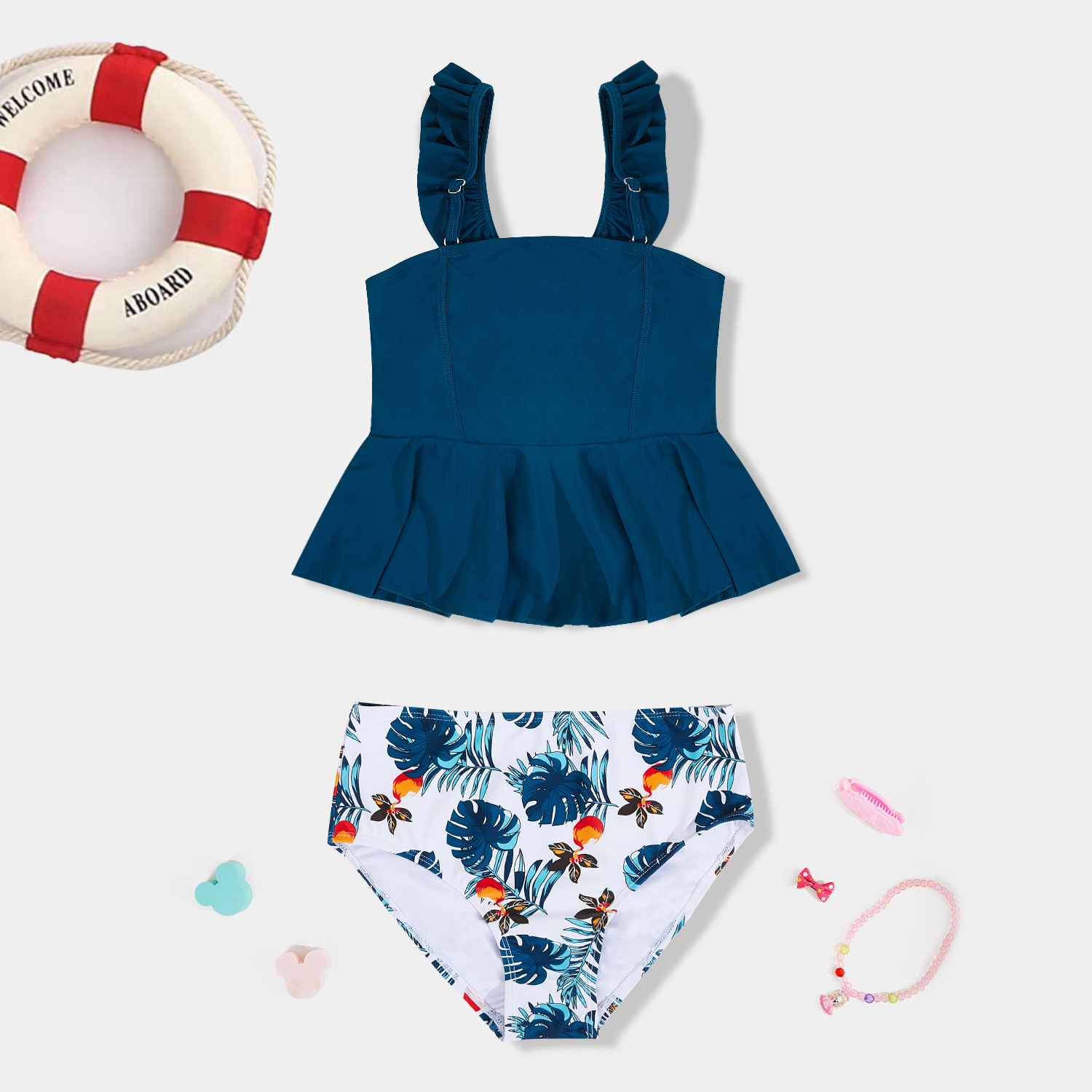 欧美亚马逊新款女童泳衣小荷叶边分体泳装儿童碎花比基尼现货