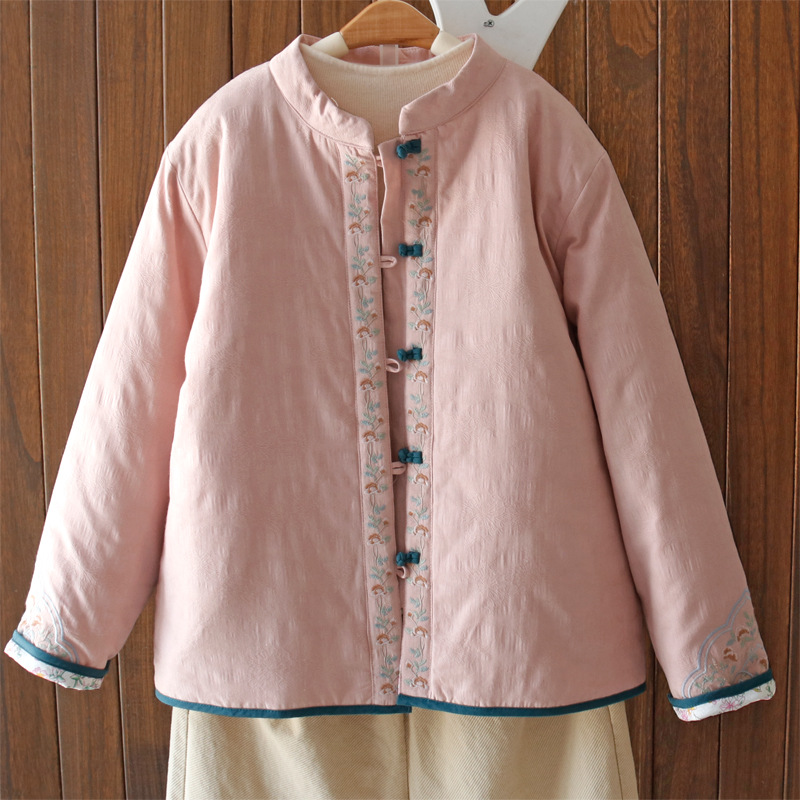 复古对襟小棉袄外套女冬短款民族风刺绣夹棉中式盘扣汉服棉服