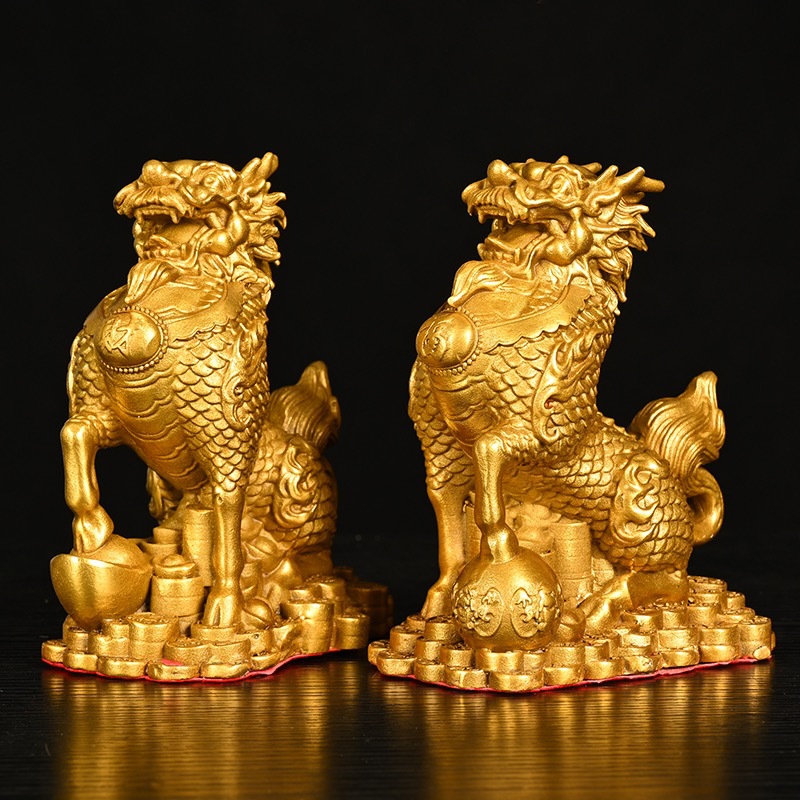 纯铜麒麟摆件黄铜麒麟一对元宝精工送子麒麟家居客厅摆件财富麒麟