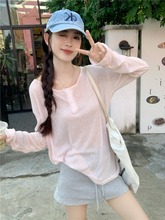 韩系粉色露背系带长袖T恤女夏季防晒针织衫休闲宽松短款上衣罩衫