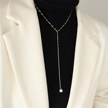 eManco 时尚高级ins蕾丝珍珠项链 百搭轻奢不锈钢毛衣链饰品批发