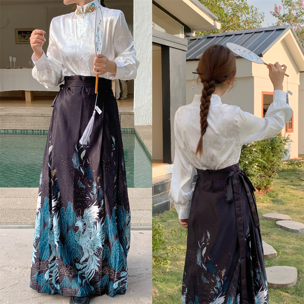 Real Shot New Chinese Style Gray Jade Improved Horse-Face Skirt Women's New Daily Commuter Dress Hanfu Skirt Suit