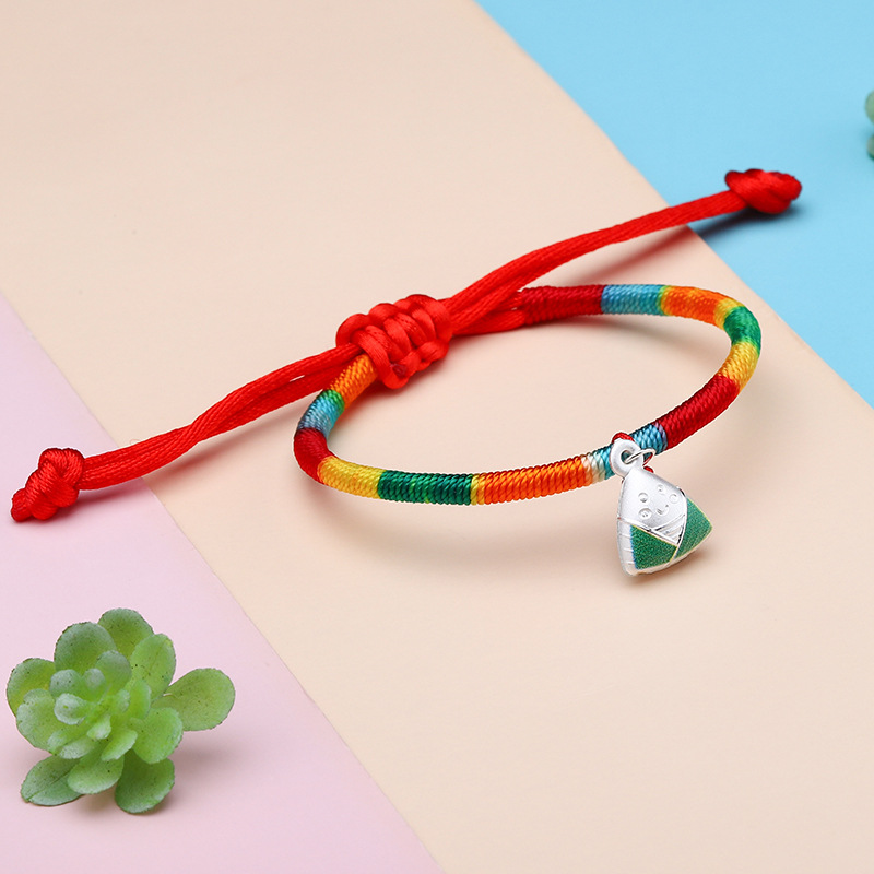 Dragon Boat Festival Colorful Rope Pure Silver Zongzi Bracelet Ethnic Style Hand-Woven Colorful Carrying Strap Children Couple Style