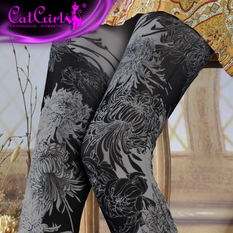 Catgirl Printed Stockings Personality Stockings Trendy Socks Women's Pantyhose Spring and Autumn Gradient Stockings Purple