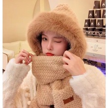 2023新款可爱毛绒帽子围巾一体女韩版学生保暖骑行防寒加厚三件套