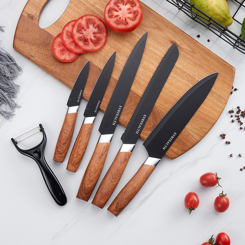 Foreign Trade Wood Grain Handle Knife Suit Fruit Knife Gift Knife Set Stainless Steel Knife Kitchen Six-Piece Set Suit Kitchen Knife