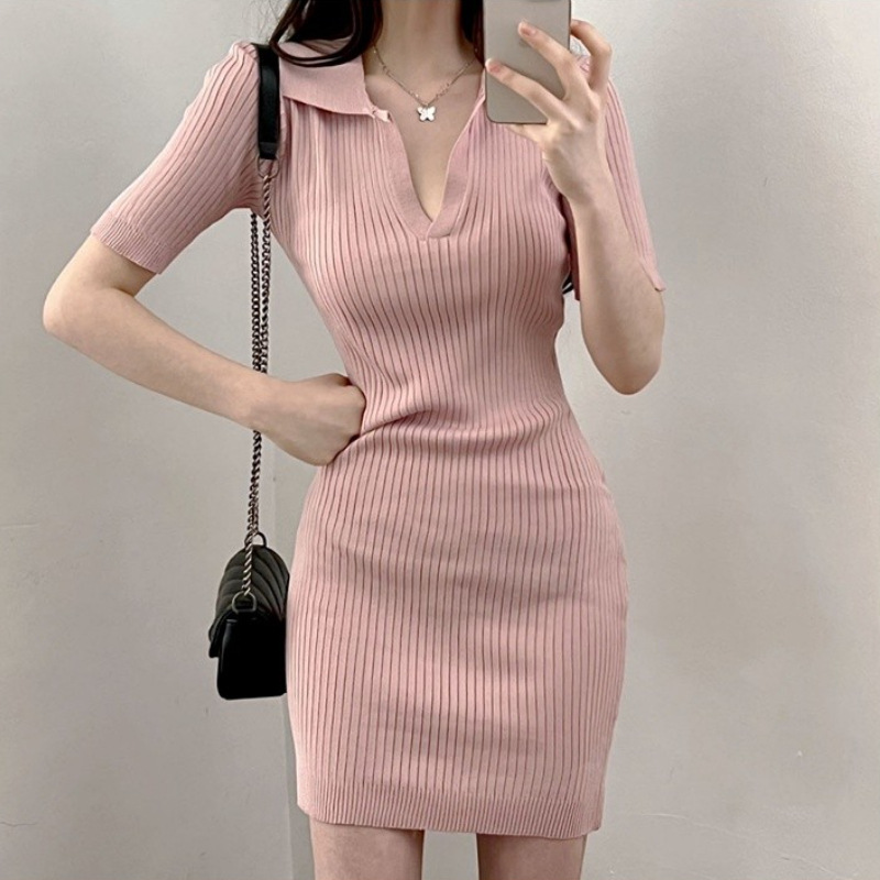 现货简约纯色v领针织连衣裙女百搭紧身翻领高腰包臀竖条纹短裙子