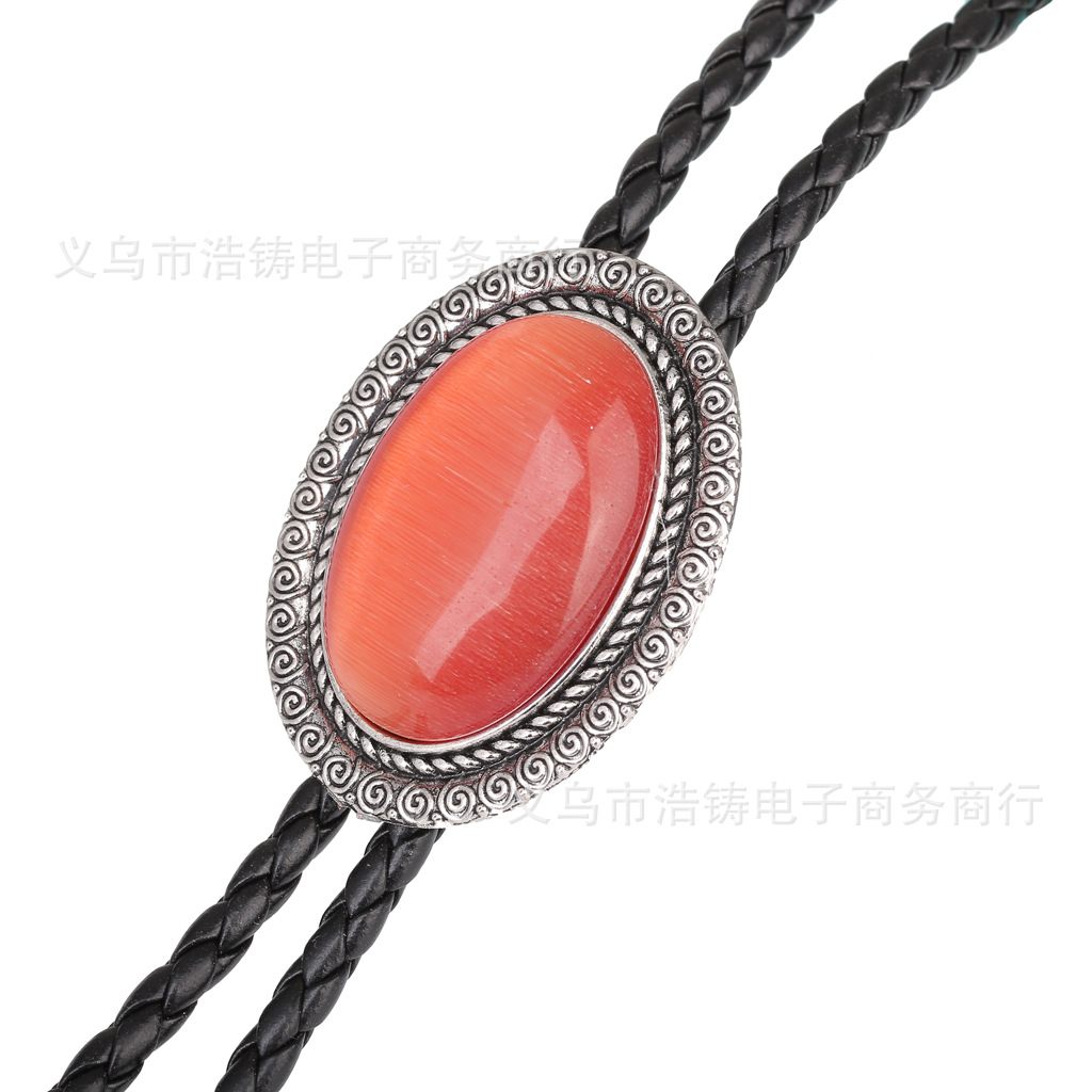 Cross-Border Spot Agate Time Stone Bolo Tie Vintage Shirt Chain Polo Neckline Rope Leather String Necklace Tie