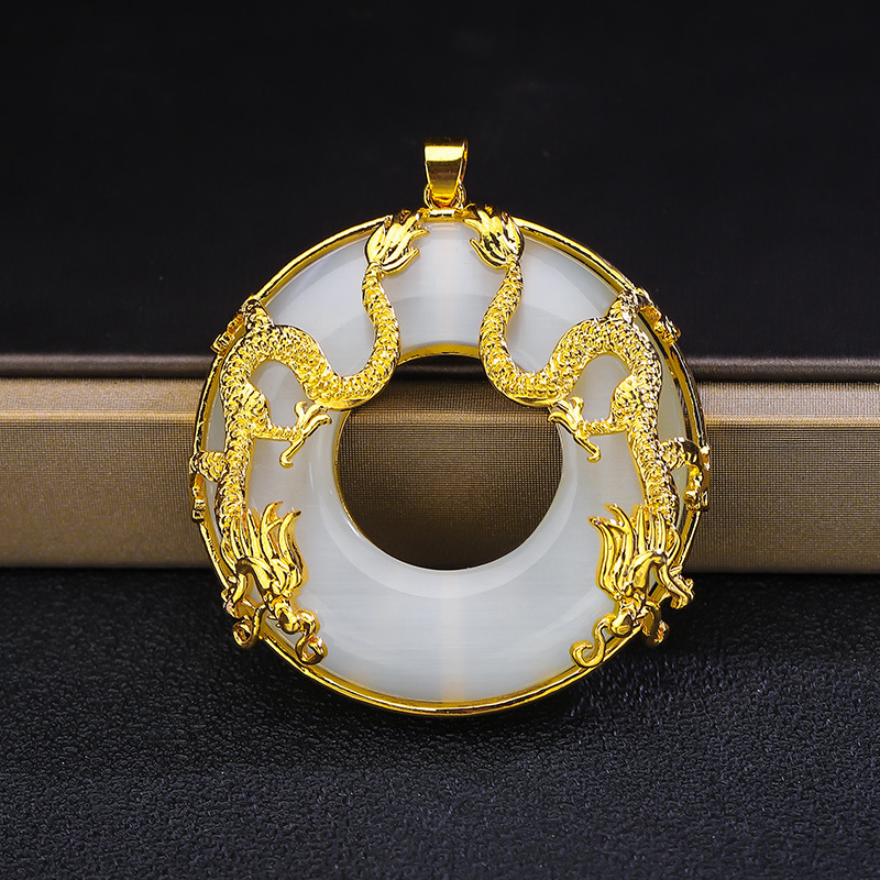 龙凤呈祥金镶玉吊坠男士双龙龙凤项链平安扣沙金项链男批发代发