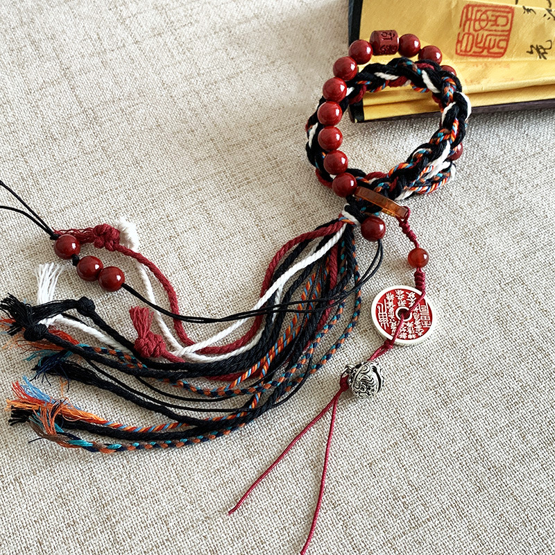 新中式手链双层朱砂串珠编织手饰藏式国潮风流苏古风山鬼花钱手绳