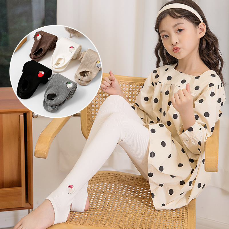 2022春季女童踩脚连裤袜棉竖条弹力鹦鹉刺绣女孩打底裤袜中大童袜