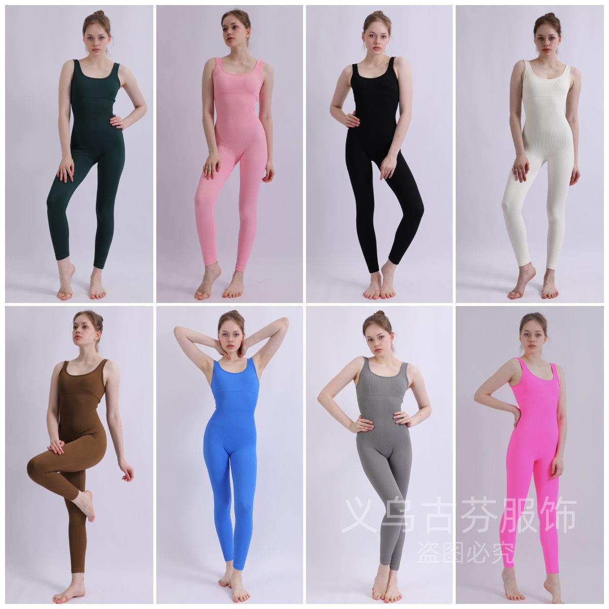 跨境爆款罗纹长裤连体服无缝弹力运动服健身连体瑜伽服连体衣
