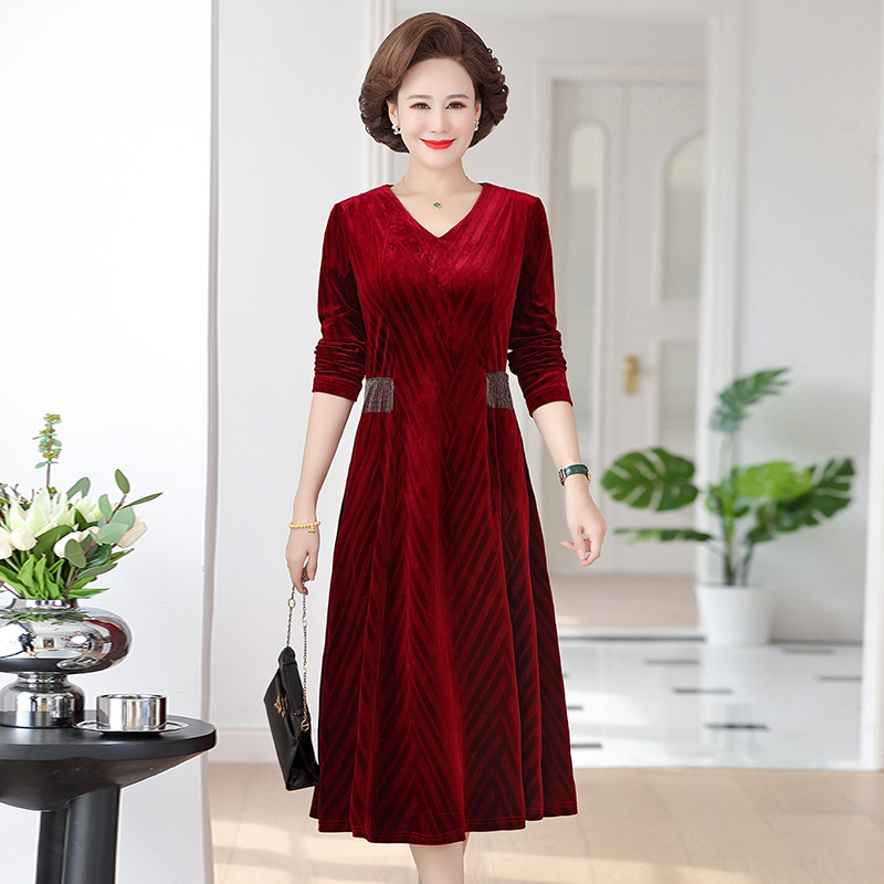 2022时尚中老年女装长袖连衣裙春秋季洋气v领中老年妈妈婆婆长裙