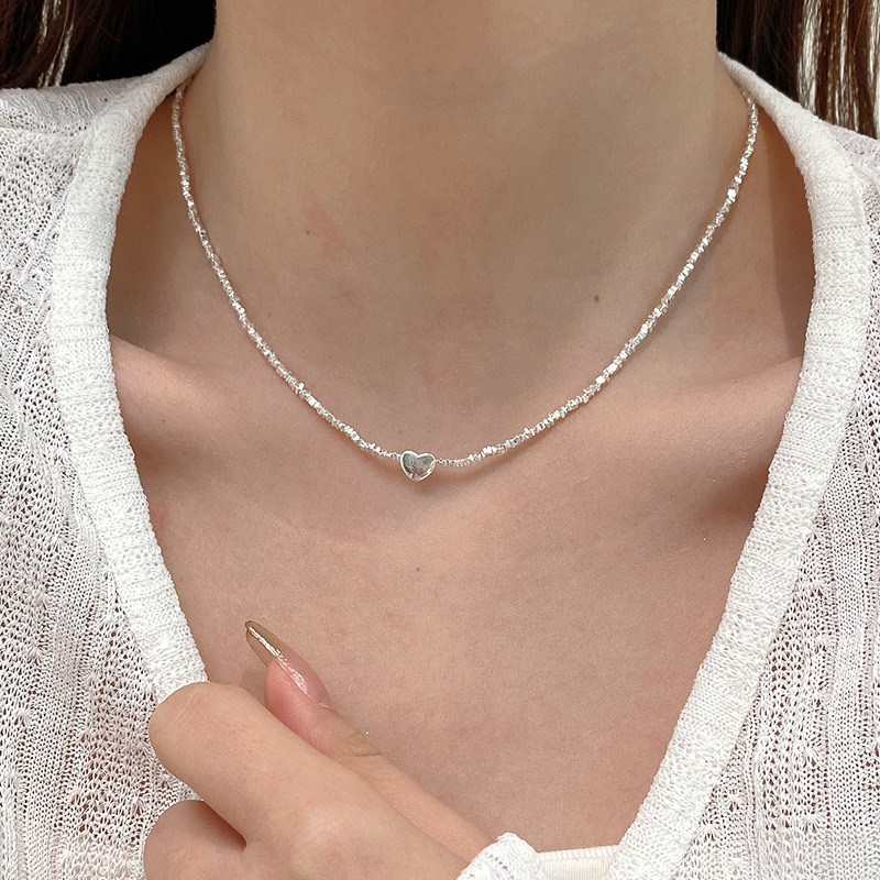 S925 Sterling Silver Small Pieces of Silver Heart-Shaped Necklace for Women Simple and Irregular Cut Trend All-Match Heart-Shaped Sweater Chain