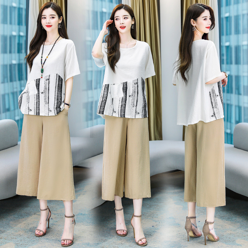 2021夏季新款时尚休闲宽松女装亚麻两件套阔腿裤洋气减龄棉麻套装