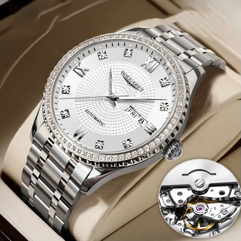 石英机芯陀飞轮全自动机械手表镶钻夜光防水日历跨境爆款一件代发