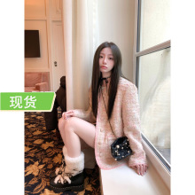 YUYU 早春少女香 嫩嫩粉格羊毛编织肌理小香气质百搭直筒外套