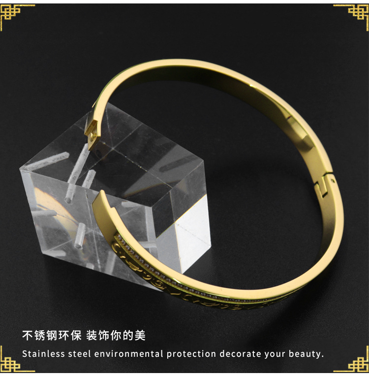 新款贵妃钛钢cnc镶石京剧脸谱手镯 直扣镶108粒钻卡扣18k金手镯