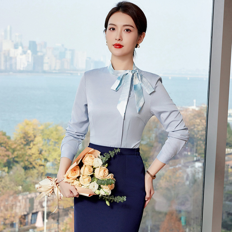 职业衬衫套装女新款春秋蝴蝶结领酒店前台接待服务员工作服套裙