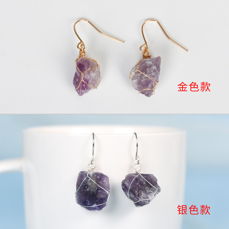 Amazon Hot Selling Natural Crystal Mixed Irregular Rough Stone Earrings Creative Simple Women's Handmade Earrings