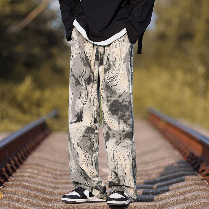 新中式复古水墨画扎染裤子男设计感美式复古oversize慵懒风休闲裤