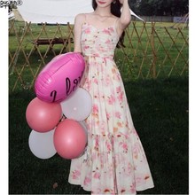 梅子熟了告白气球领小众名媛风长裙夏浪漫花朵印染吊带连衣裙女晔