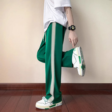 绿色冰丝裤子男夏天薄款织带条纹运动裤垂感直筒宽松阔腿休闲长裤