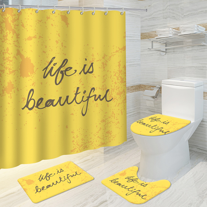 AliExpress Text Printing Bathroom Curtain Polyester Waterproof English Letter Printing Shower Curtain Four-Piece Partition Curtain Floor Mat