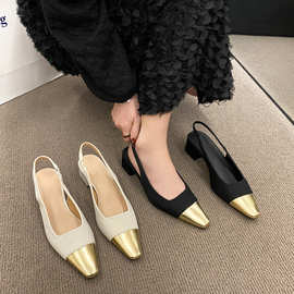 小香风粗跟高跟鞋法式小凉鞋女2024春夏季新款气质方头配裙子单鞋