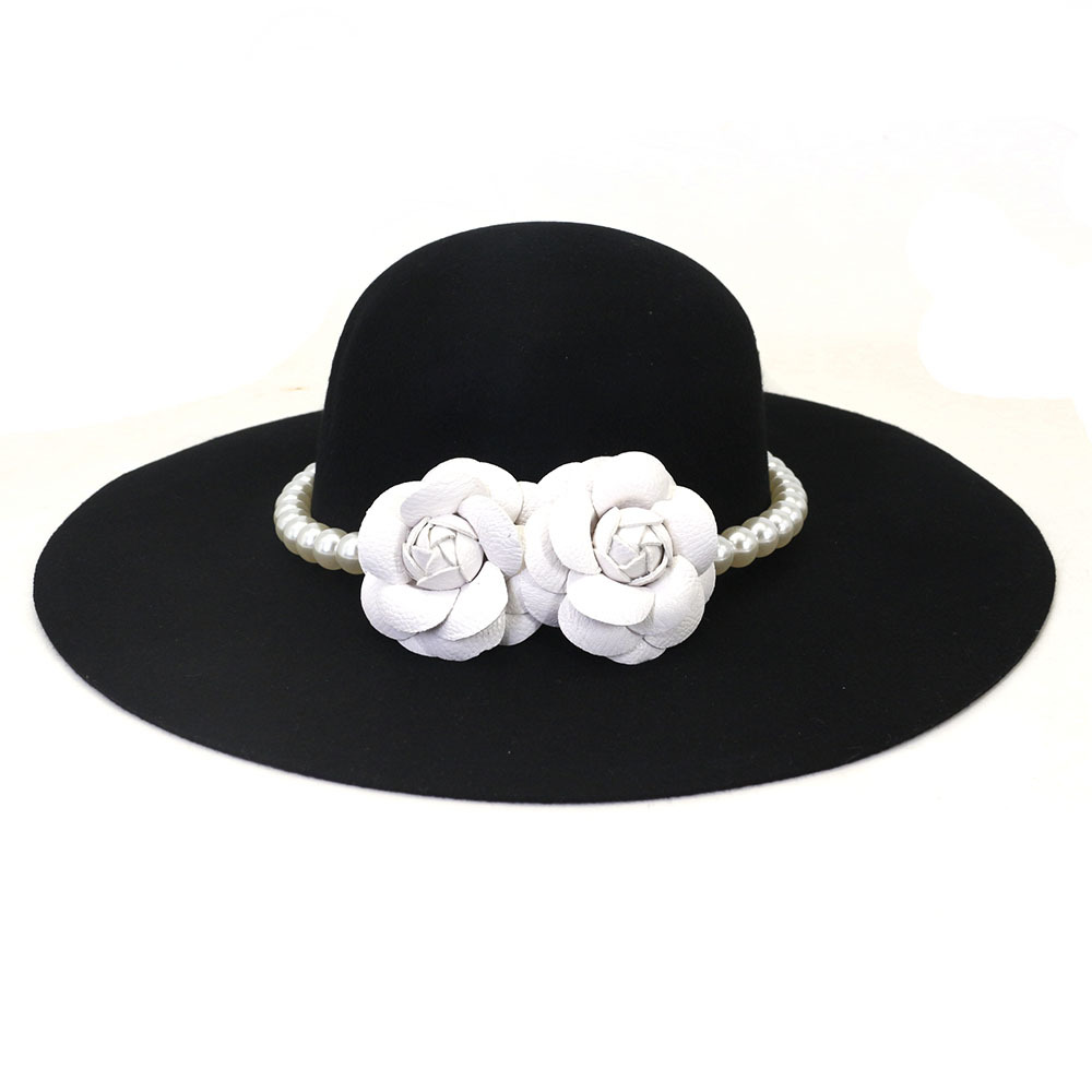 100%羊毛大沿赫本风礼帽礼服帽子影楼拍摄山茶花珍珠呢帽