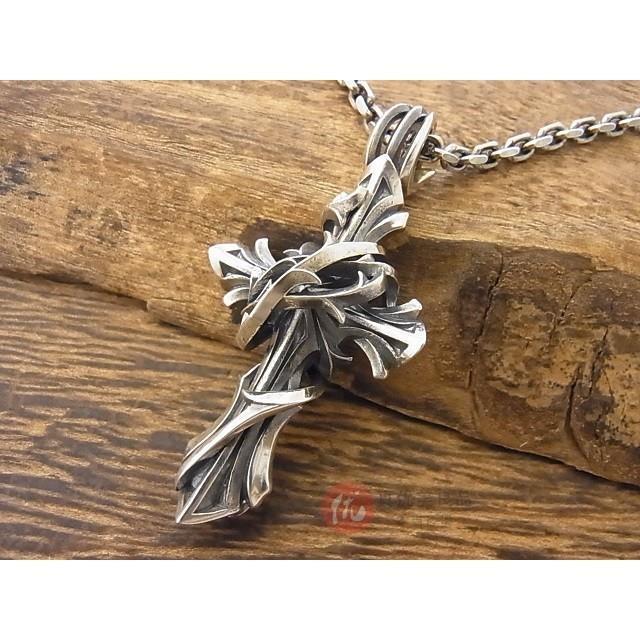 日本代购 复古银十字架立体荆棘缠绕吊坠 项链大