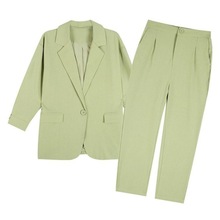 套装/单件春秋套装女新款绿色西装外套宽松休闲裤两件套名媛套装