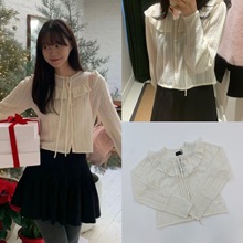 韩国小众  八奶纯色圆领镂空荷叶边系带针织开衫上衣