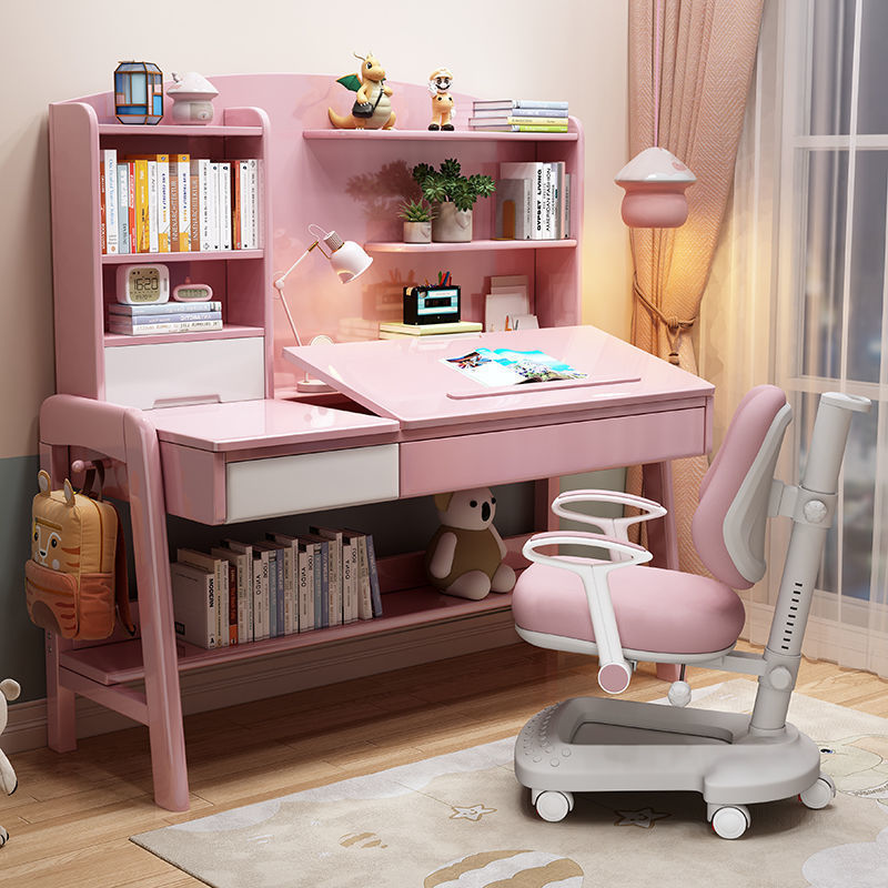 儿童实木书桌可调节升降初高中小学生学习桌椅套装书架一体写字桌