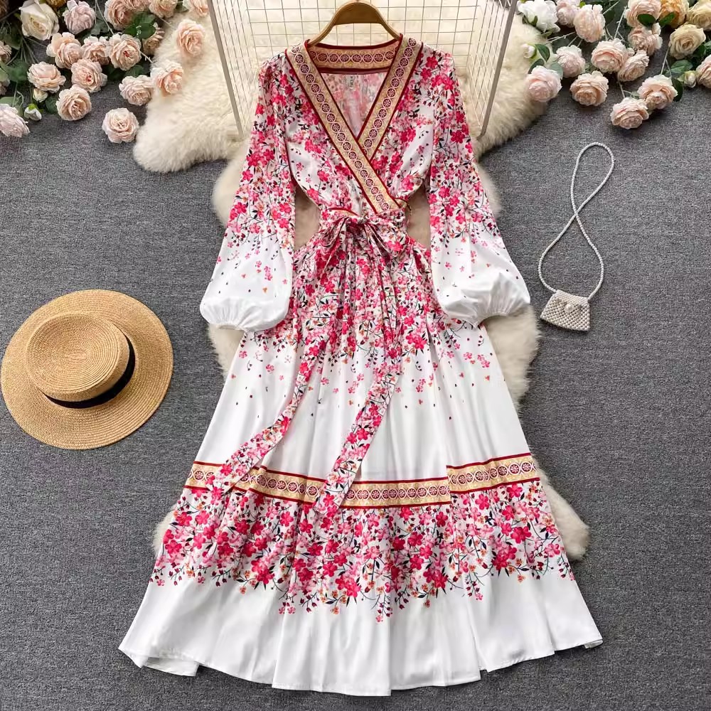 民族风小众爆款系带收腰连衣裙子女2022夏季新款气质名媛印花长裙