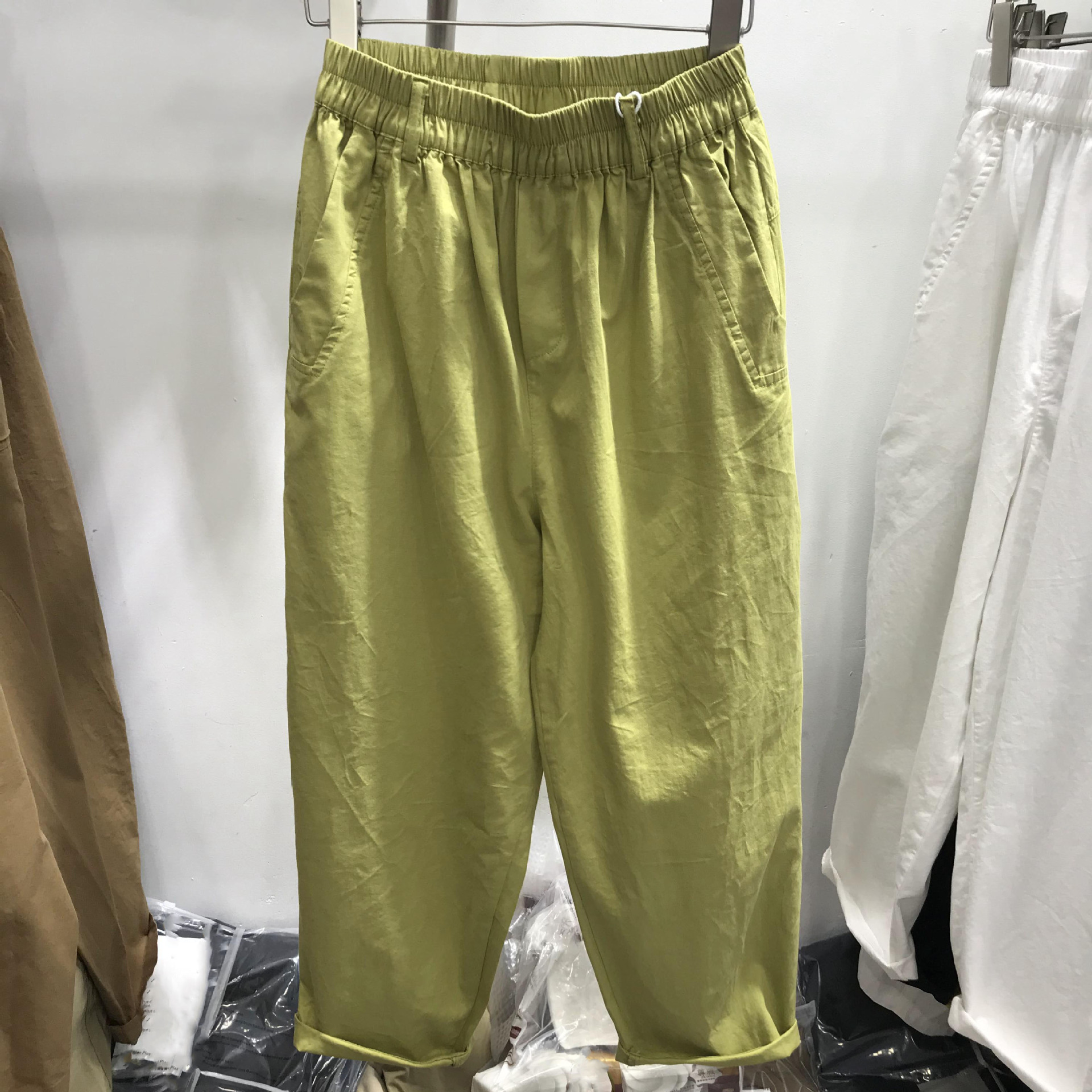 荧光黄夏季新款棉料女裤垮裤宽松口袋休闲裤九分裤子松紧腰大码潮