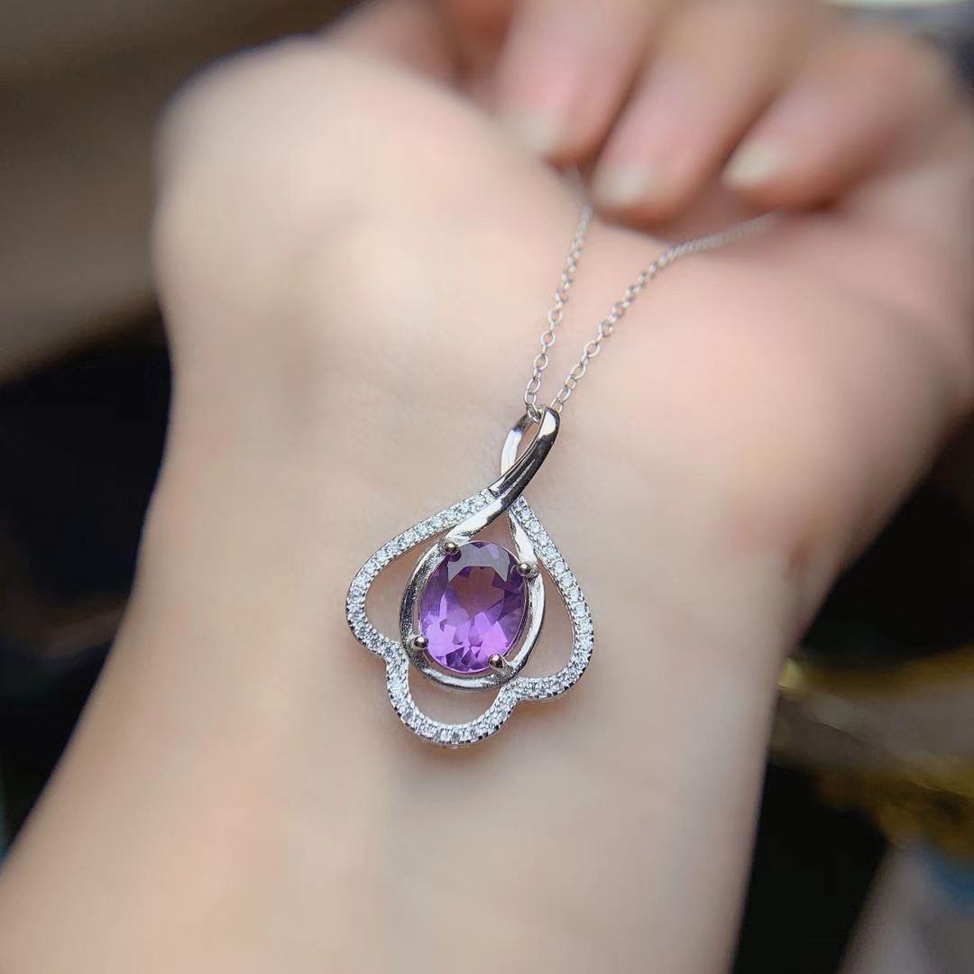 直播供货天然紫水晶吊坠925银镶嵌活口女士珠宝项链可一件代发