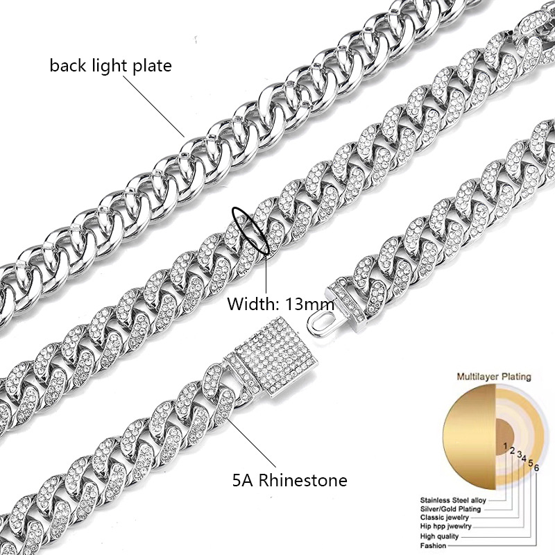 European and American Popular Box Buckle Cuban Link Chain Trendy All-Match Alloy Rhinestone 12mm Men's Necklace Metal Chain Wholesale