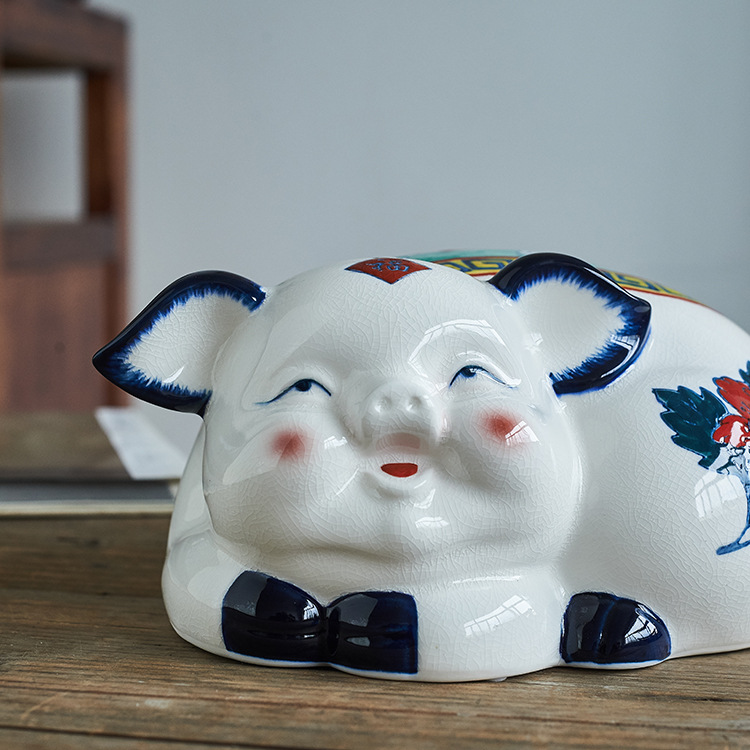 0成交6个中式家居工艺品客厅电视柜家居摆饰陶瓷工艺品动物小猪陶瓷