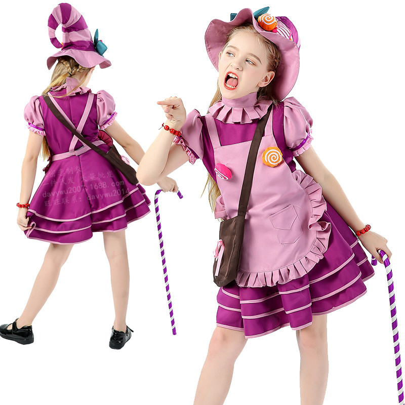 新款万圣节服装 儿童cosplay游戏角色服装糖果女巫璐璐紫色连衣裙