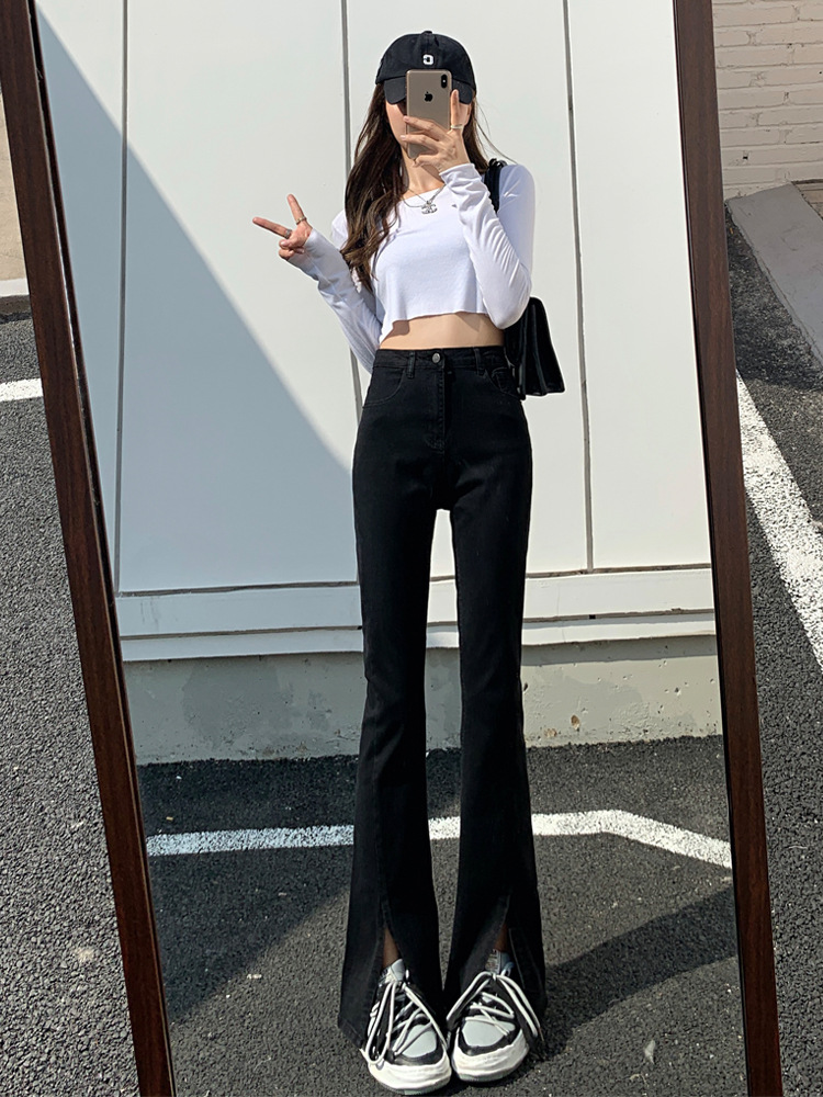 黑色微喇开叉牛仔裤女2022年春款拖地鱼尾裤高腰显瘦直筒喇叭裤子