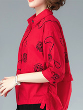 长袖衬衫女春秋衬衣2024夏季新款中年妈妈棉上衣外套红色打底衫