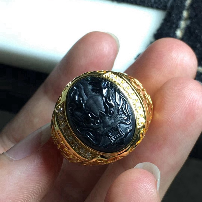 天然a货翡翠 高透一级黑特色个性墨翠龙形戒指 18k金镶玉男款成品