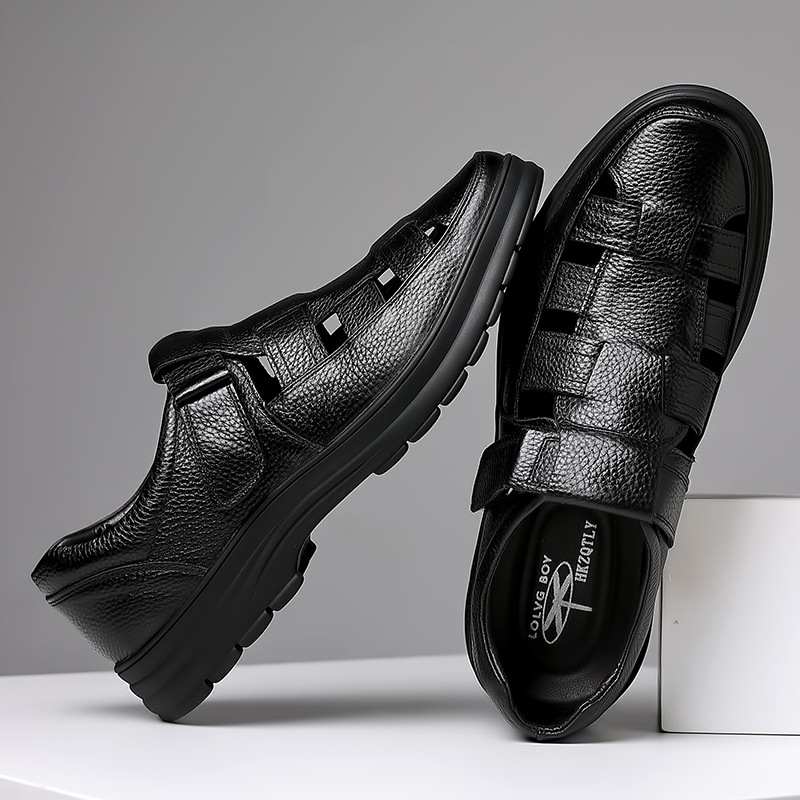 凉鞋男夏季真皮镂空透气休闲洞洞皮鞋男士软底防滑中老年爸爸鞋子