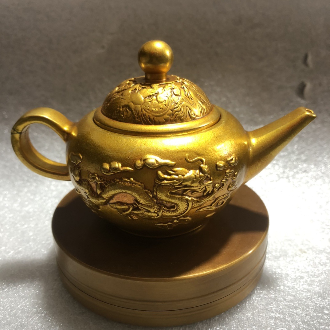 古玩仿古做旧工艺品黄铜龙凤戏珠铜壶水壶酒壶摆件家居摆件批发