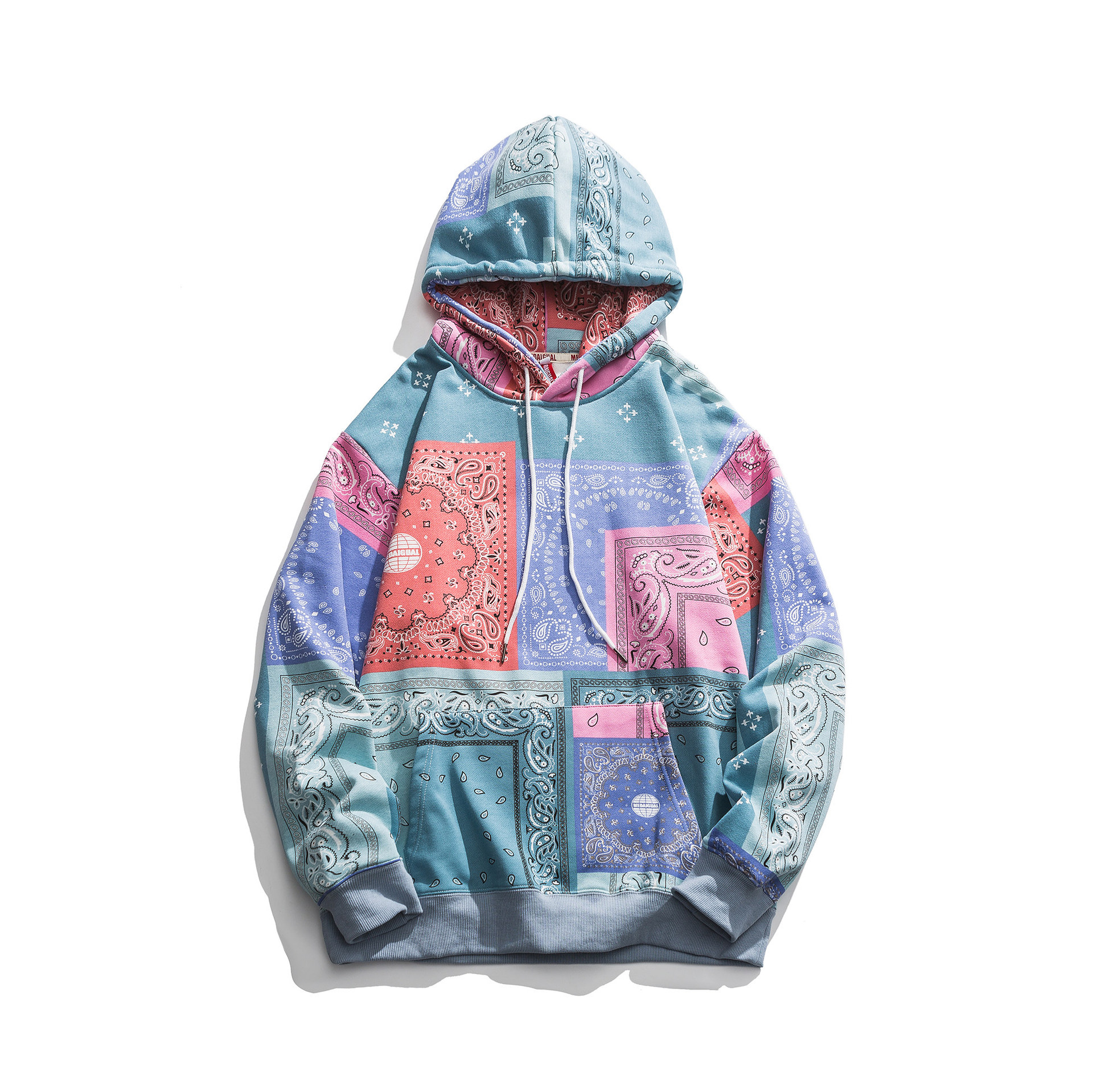 春季新款美式嘻哈腰果花拼接连帽卫衣男潮牌街头宽松情侣套头上衣