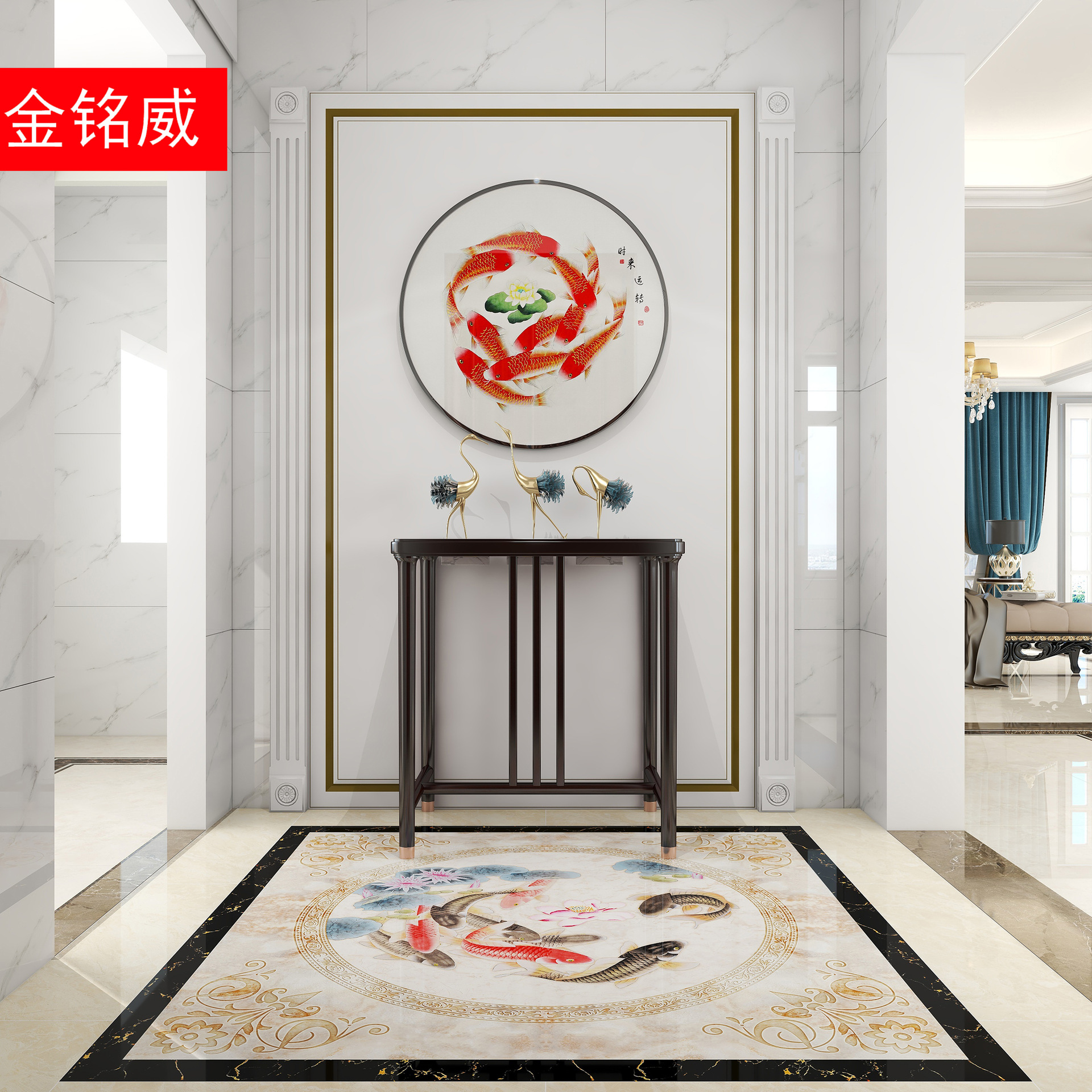 定制3d拼花瓷砖微晶石入户玄关仿水刀地砖图案大厅过道走廊地板砖