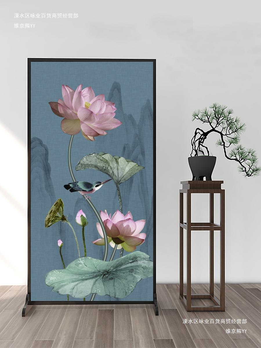 中式双面屏风隔断山水画客厅玄关装饰遮挡办公室荷花卧室家用座屏