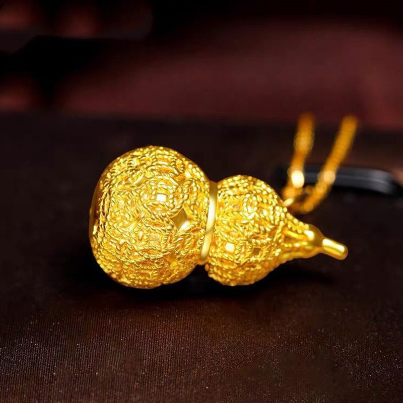 中国金行古法黄金18k金葫芦吊坠au750镂空红绿宝石福禄金葫芦挂坠